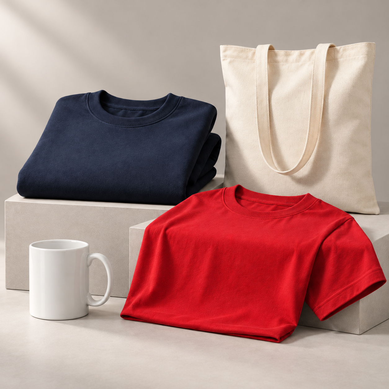 Coton ouaté marine, t-shirt rouge, sac fourre-tout et tasse blanche à personnaliser